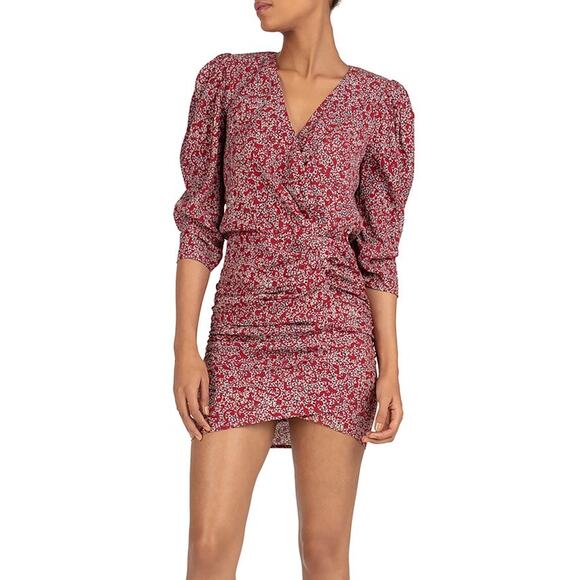 ba&sh Dresses & Skirts - Ba&Sh Printed Crystal Mini Wrap Dress Sz 10 Carmine Ruched Puff Sleeves Cocktail